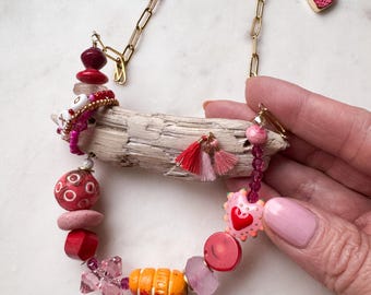 One-of-a-kind Handmade Driftwood, Swarovski Crystal, faceted glass, carved wood, Coral, Cotton Tassels Necklace