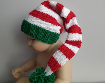 baby knit hat, christmas baby hat, baby photo prop, baby girl, baby boy, handmade christmas beanie, red beanie, striped elf hat with pom pom