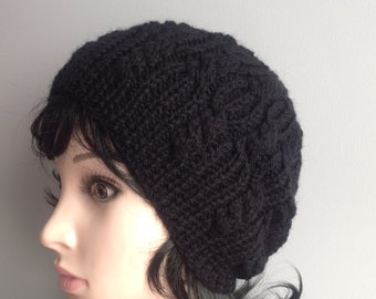 Womens Slouchy Beanie, Hand Knit Beanie, black women knit hat, women knit beanie, winter knit accessories, gift for mom, gift for girl