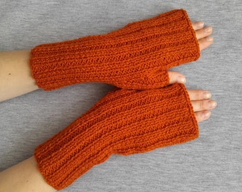 Knit Fingerless Mittens, Womens knit handmade mittens, rust color fingerless gloves, hand knit winter wrist warmers, Mother's Day gift