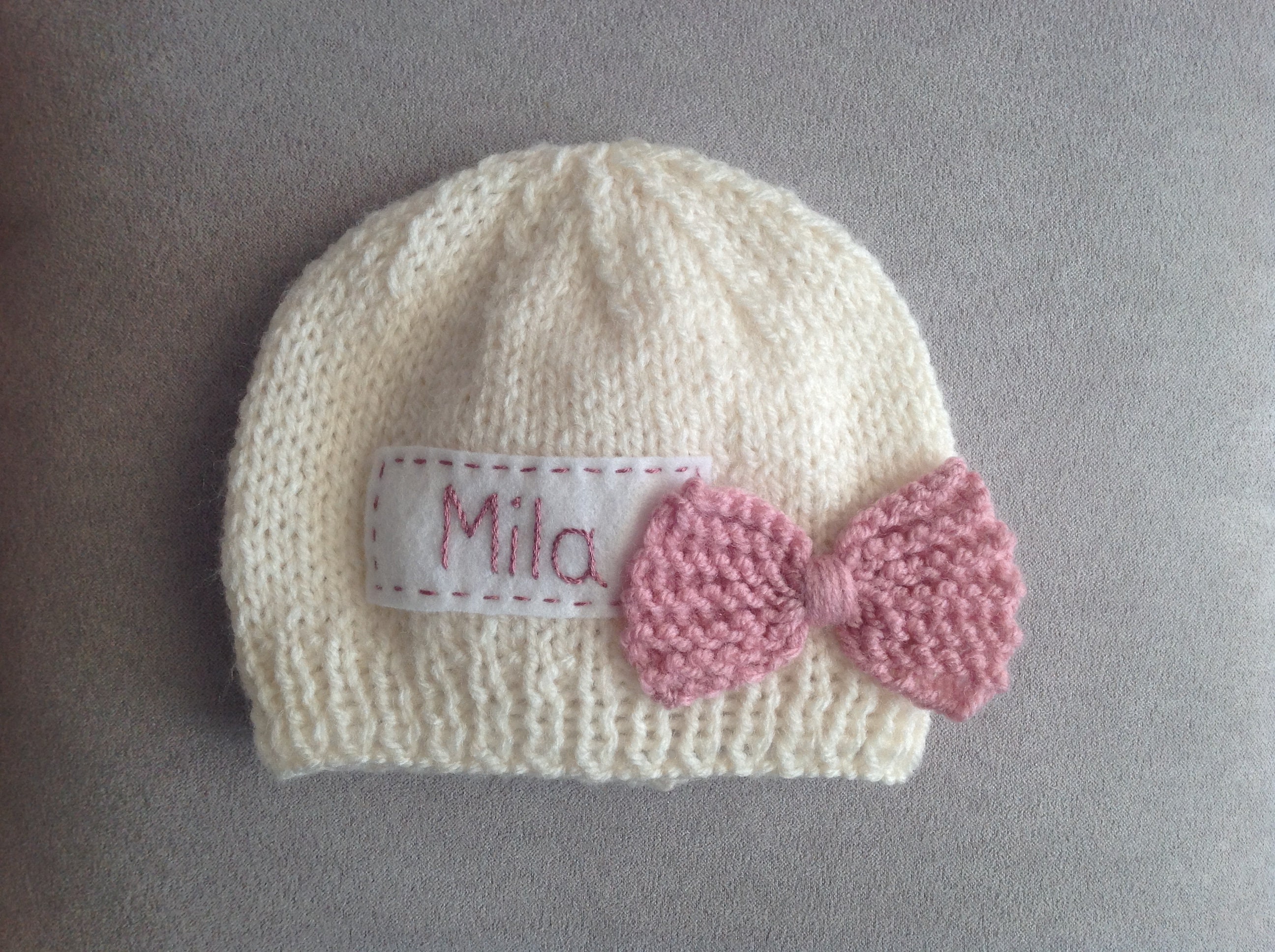 Newborn Girls White Hat with Pink Name Personalized Beanie 
