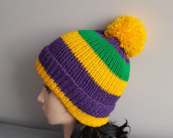 Mardi Gras hand knit women hat, knit girl hat, Mardi Gras striped colored knit beanie, Unisex New Orleans Mardi Gras Parade, gift for her