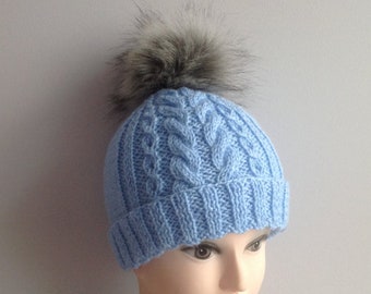 baby knit hat,  baby girl beanie, blue beanie, handmade knit hat, winter baby hat, toddler knit hat with pom pom, winter knit accessories