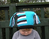 Striped baby beanie, baby hat, baby knit beanie, newborn knit hat, baby photo prop, blue brown baby knit hat, baby hat with pom pom, jester