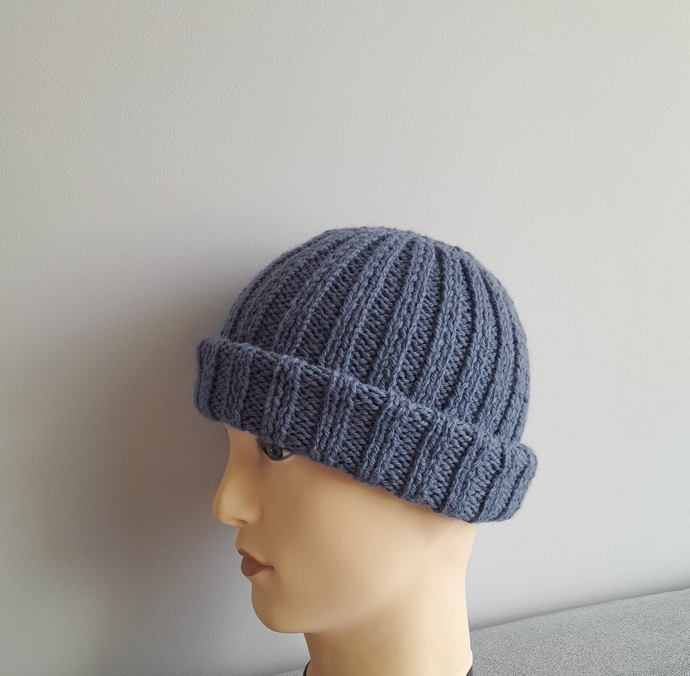 Hand Knit Indigo Blue Alpaca Classic Winter Unisex Hat ENGLISH RIB CUFFED BEANIE - INDIGO MELANGE HANDLOOM BABY  main image 3