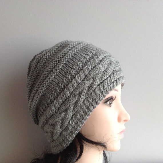 Hand Knit Gray Slouchy Beanie, Women display picture 3