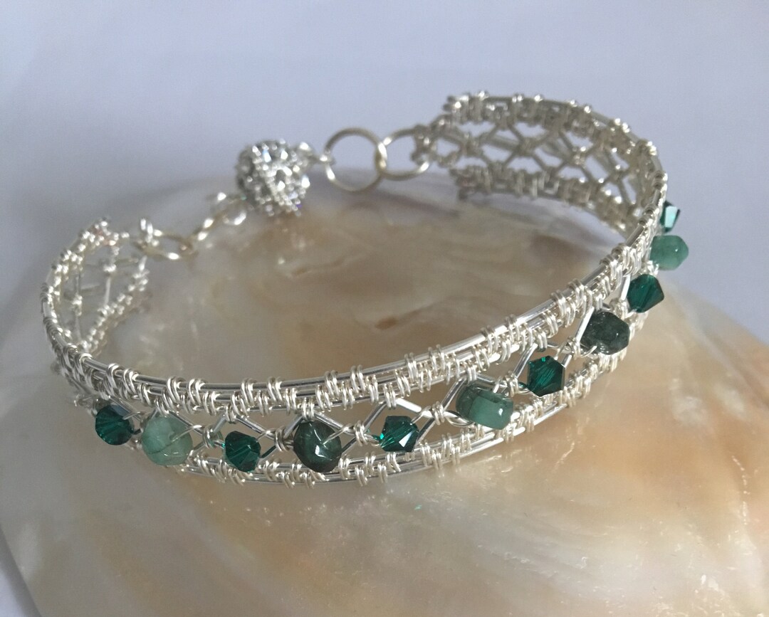 Handwoven Zigzag Detail Bangle With Emeralds & Swarovski Etsy UK