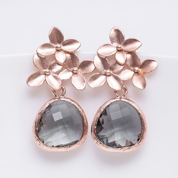 Earrings Rose Gold Grey, Flower Earrings, Rose Gold Studs, Bridal Jewelry, Wedding Jewelry, Bridesmaids