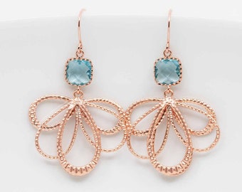 Earrings rose gold plated aquamarine, leaves, petals, fans, earrings, statement earrings