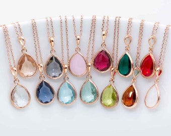 Collier en or rose, pendentif goutte, pendentif en cristal, cadeau, collier en or rose, bijoux de mariée simples