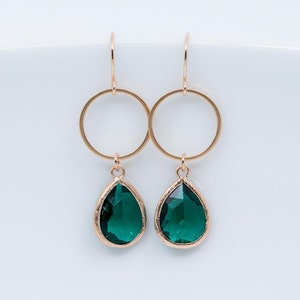 Earrings rose gold emerald green rings, long earrings fir green