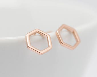 Earrings rose gold hexagon matt 7 mm, stud earrings, minimalist