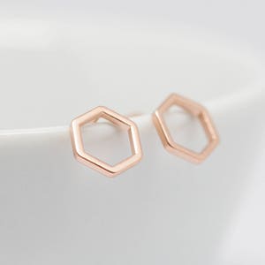 Earrings rose gold hexagon matt 7 mm, stud earrings, minimalist