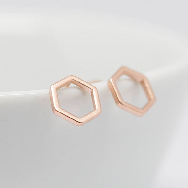 Earrings rose gold hexagon matt 7 mm, stud earrings, minimalist