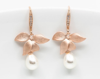Earrings rose gold flowers, flower earrings, earrings rose gold pearls, bridal jewelry, bridal earrings, wedding jewelry, bridesmaids