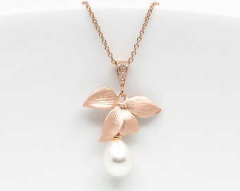 Necklace rose gold flowers, necklace rose gold plated pearl, bridal jewelry, wedding jewelry, bridesmaids