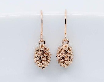 Rose gold pine cone earrings, pine cone drop earrings, rose gold plated fir earrings