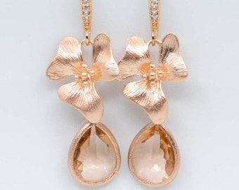 Rose Gold Flower Peach Earrings, Rose Gold Flower Earrings, Bridal Jewelry, Wedding Jewelry, Bridesmaids