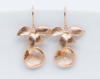 Rose Gold Peach Earrings, Flower Earrings, Rose Gold Drop Earrings, Bridal Jewelry, Wedding Jewelry, Bridesmaids