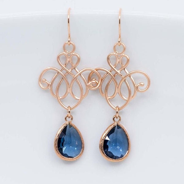 Earrings rose gold blue, earrings drops rose gold, earrings ornaments rose gold plated