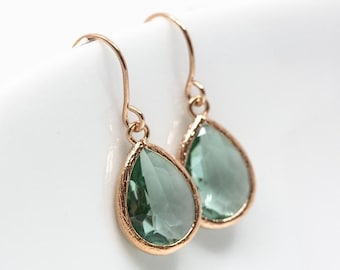 Rose gold erinite green earrings, drop earrings rose gold, crystal, bridal earrings, wedding jewelry, bridesmaids, jewelry