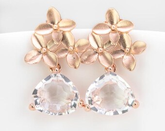 Rose gold crystal earrings, flower earrings, rose gold stud earrings, bridal jewelry, bridal earrings, wedding jewelry, bridesmaids