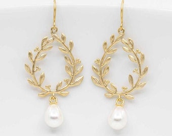 Earrings gold plated pearls, pearl earrings, pearl earrings, golden hanging earrings, floral, branches, bridal jewelry