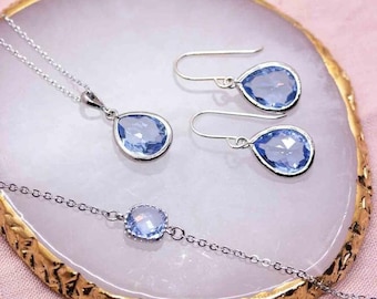 Schmuckset Silber Hellblau, Ohrringe Silber Lichtblau, Halskette Silber Blau