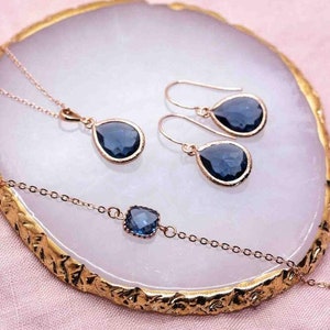 Rose gold blue jewelry set, set of earrings, necklace and bracelet, rose gold plated jewelry set