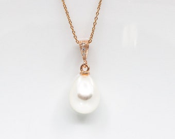 Rose gold pearl necklace, drop pendant, bridal jewelry, wedding jewelry, bridesmaids