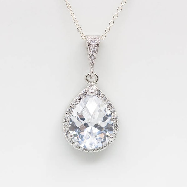 Necklace Silver Drop Crystal, Necklace Bride Wedding Jewelry Bridal Jewelry