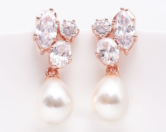 Earrings Rose Gold Pearls, Crystal Earrings, Bridal Jewelry, Wedding Jewelry, Bridesmaids