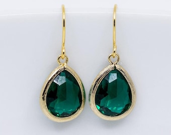 Gold-plated green earrings, emerald green earrings, green drop earrings