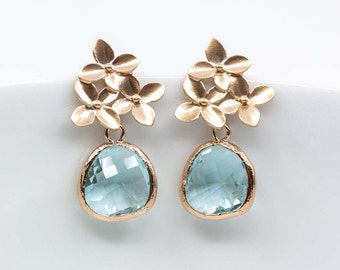 Rose gold aquamarine earrings, blue flower earrings, bridal jewelry, wedding jewelry, bridesmaids