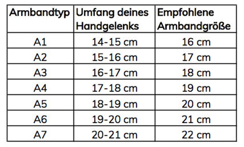 May include: A chart showing recommended bracelet sizes based on wrist circumference. The chart lists bracelet types A1 through A7, with corresponding wrist sizes in centimeters and recommended bracelet sizes in centimeters.
