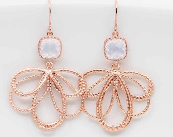 Earrings rose-gold-plated opal, leaves, petals, fans, earrings, statement earrings