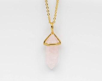 Gold plated rose quartz necklace, rose quartz pendant, rose quartz necklace