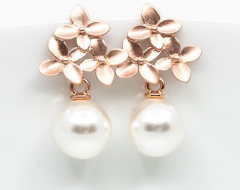 Earrings rose gold pearls, stud earrings flowers, bridal jewelry, bridal earrings, wedding jewelry, bridesmaids