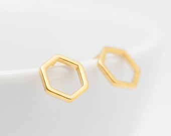 Earrings gold plated hexagon matt, stud earrings, minimalist