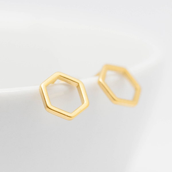 Ohrringe vergoldet Hexagon matt, Ohrstecker, minimalistisch