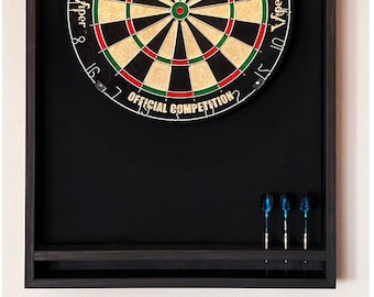 Black stained wood dartboard cabinet It comes as a complete set. Dartboard, darts, led light w/ dimmer and remote.