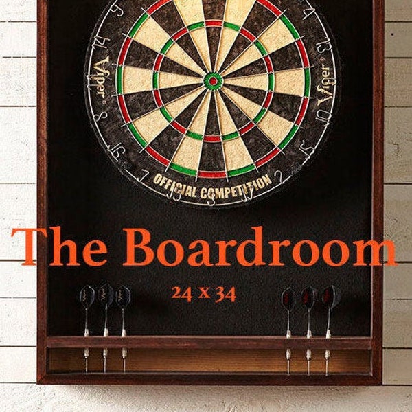 Custom dartboard cabinet with mahogany finish Includes foam backer, dartboard, darts, LED light and will ship for free.