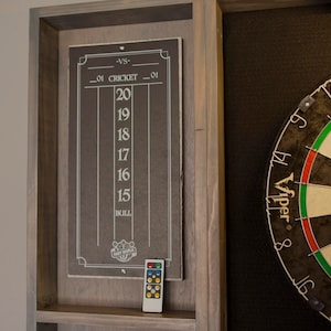 Gray weathered wood dartboard cabinet It comes as a complete set. Dartboard, darts, led light w/ dimmer and remote. image 6