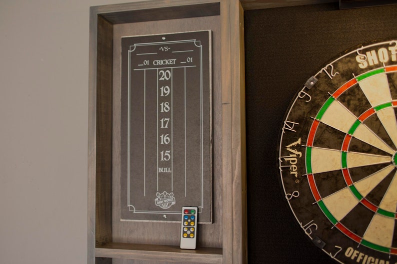 Gray weathered wood dartboard cabinet It comes as a complete set. Dartboard, darts, led light w/ dimmer and remote. image 6