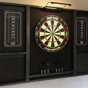 Black dartboard cabinet with a Dartboard, darts, led light.  The cabinet may be purchased w/out DB set or led.