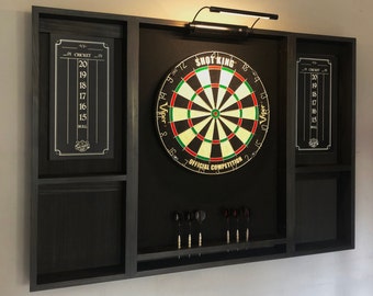 Black dartboard cabinet with a Dartboard, darts, led light.  The cabinet may be purchased w/out DB set or led.