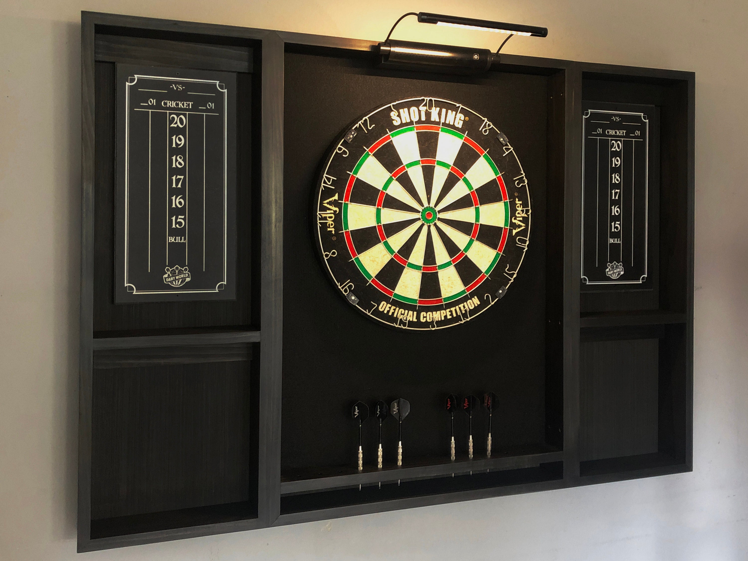 Makes a great fathers day gift  Our best selling Black dartboard cabinet with a Dartboard, darts, led light. and 2 scoreboards.