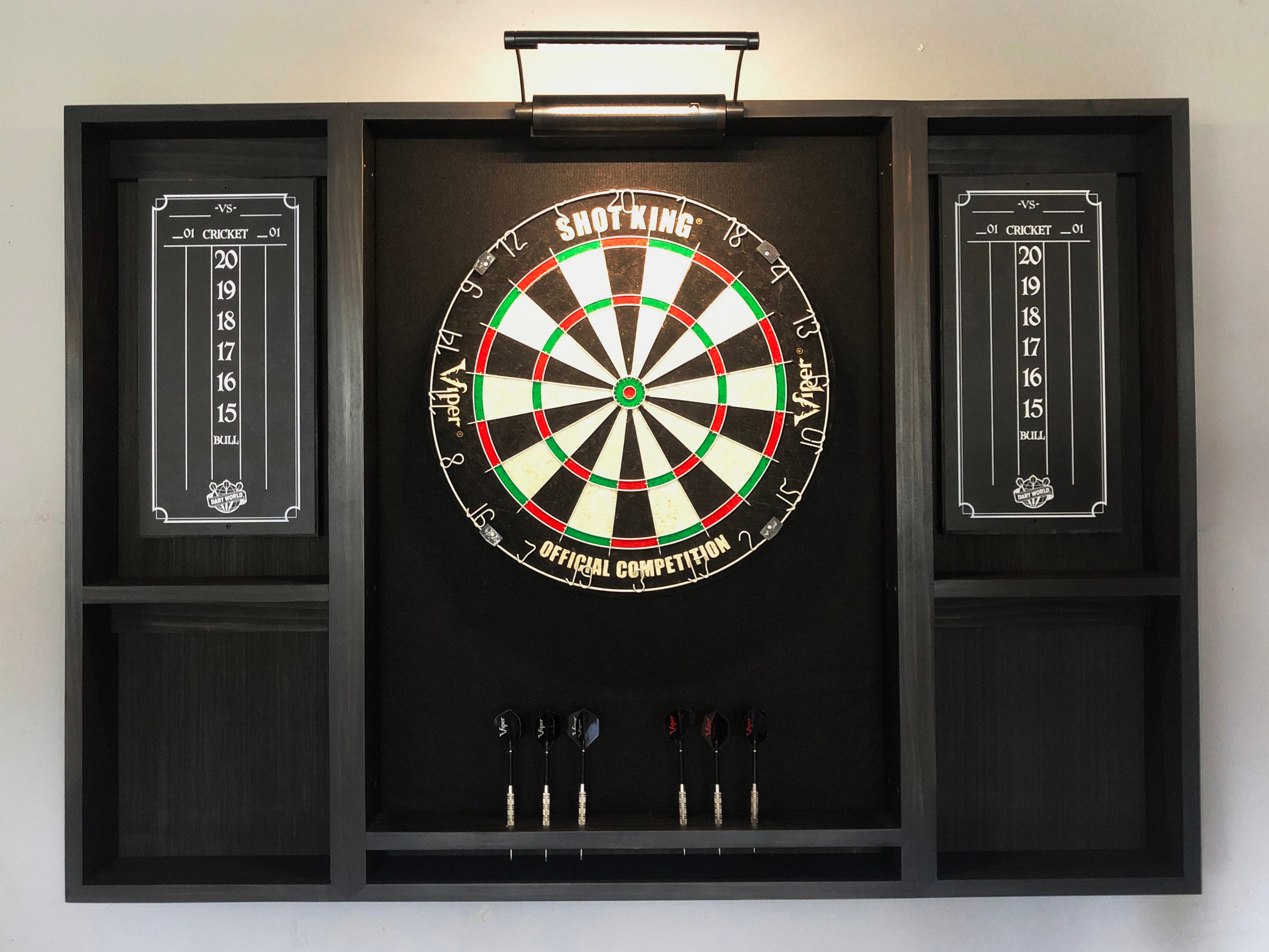 Makes a great fathers day gift  Our best selling Black dartboard cabinet with a Dartboard, darts, led light. and 2 scoreboards.