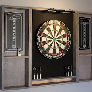 Handcrafted Dartboard Cabinet Set that includes a dartboard, darts with 2 scorekeepers and a led light. Family games, game room, man cave.