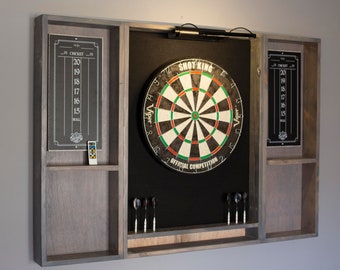 Gray weathered wood dartboard cabinet It comes as a complete set. Dartboard, darts, led light w/ dimmer and remote.